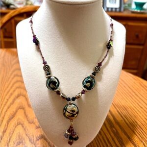 Vintage Yousi Beaded Necklace Gold Purple Glass Beads